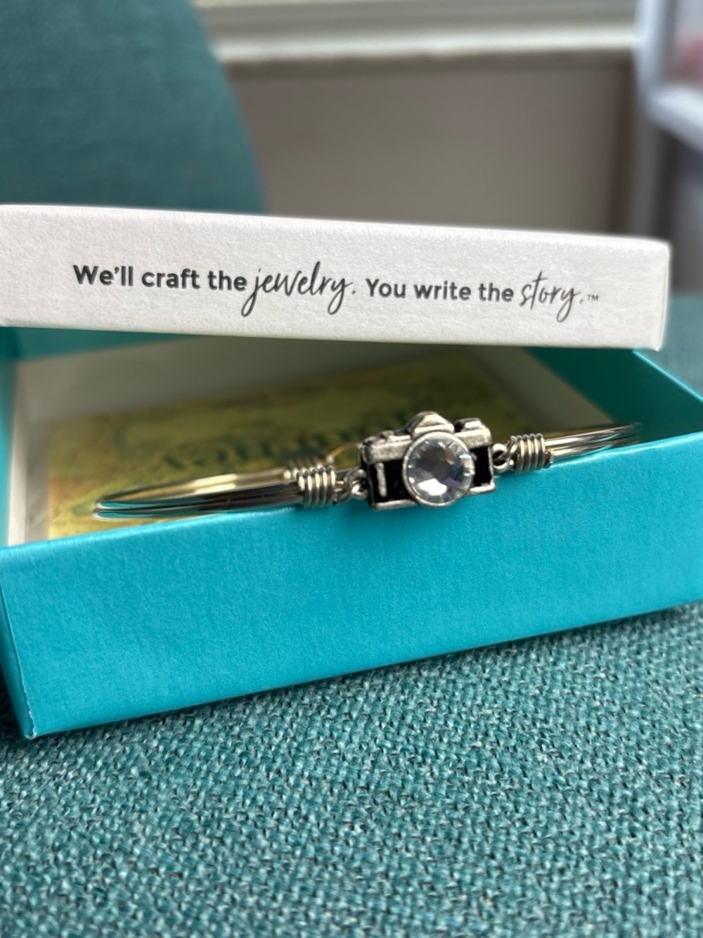Silver-Tone Camera Charm Bangle Bracelet with Clear Crystal